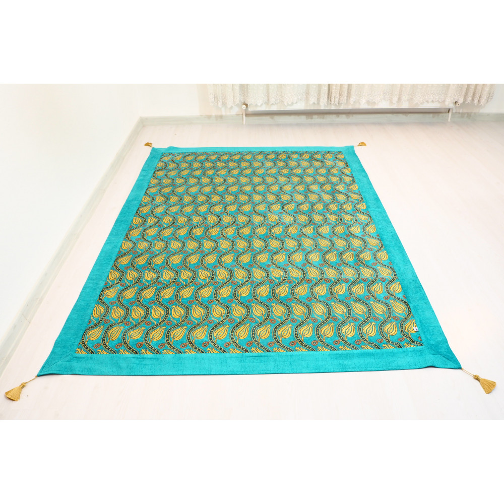Turkish Bedspread, Twin L Size Bed Cover, 7.2X5.2, Turquoise Blue Tulip Pattern Fabric Blankets, Ottoman Decorative Bed Cover