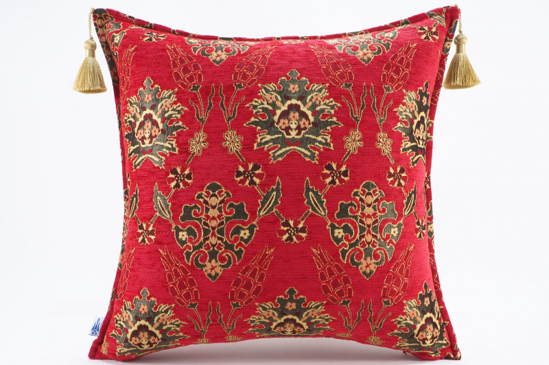 Turkish Fabric Pillow 20x20, Red Tulip Pattern Decorative Ottoman Fabric Pillow