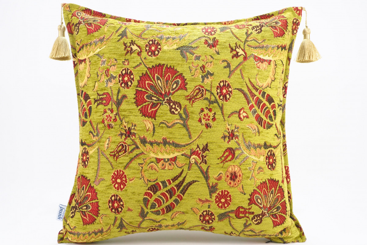 Turkish Fabric Pillow 20x20, Green Carnation Pattern Decorative Ottoman Pillow
