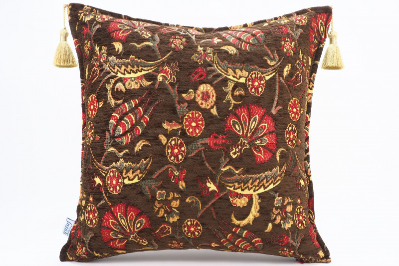 Turkish Fabric Pillow 20x20, Brown Carnation Pattern Decorative Ottoman Pillow