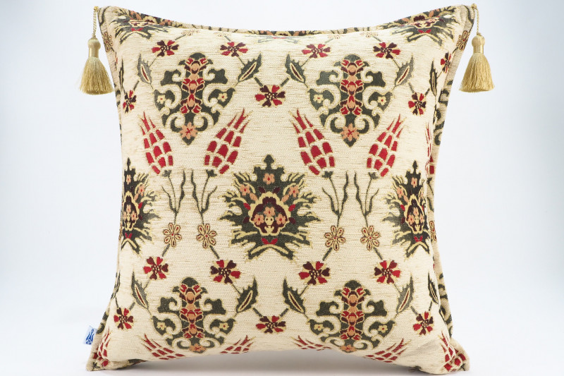 Turkish Fabric Pillow 20x20, Beige Tulip Pattern Decorative Ottoman Fabric Pillow