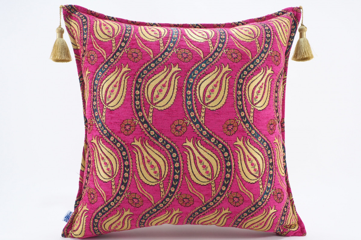 Fabric Pillow, Fabric Pillow 20x20, Mazenda Pink Water Line Tulip Pattern Turkish Jacquard Fabric Pillow, Accent Lumber Pillow