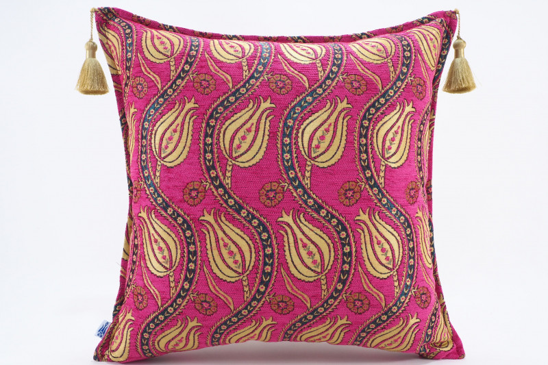 Turkish Fabric Pillow 20x20, Pink Tulip Pattern Decorative Ottoman Fabric Pillow