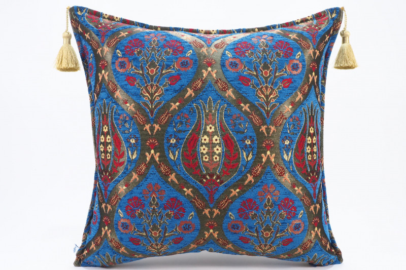 Turkish Fabric Pillow 20x20, Navy Blue Tulip Pattern Decorative Ottoman Fabric Pillow