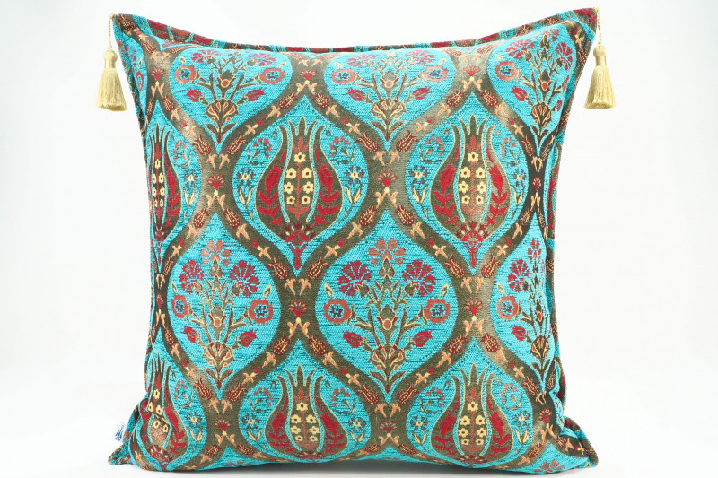 Turkish Fabric Pillow 24x24, Turquoise Blue Tulip Pattern Decorative Ottoman Pillow