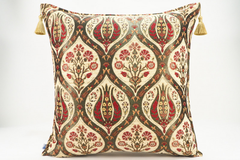 Turkish Fabric Pillow 24x24, Beige Tulip Pattern Decorative Ottoman Pillow