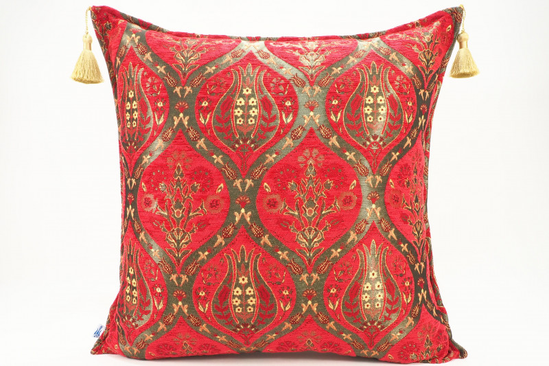 Turkish Fabric Pillow 24x24, Red Tulip Pattern Decorative Ottoman Pillow