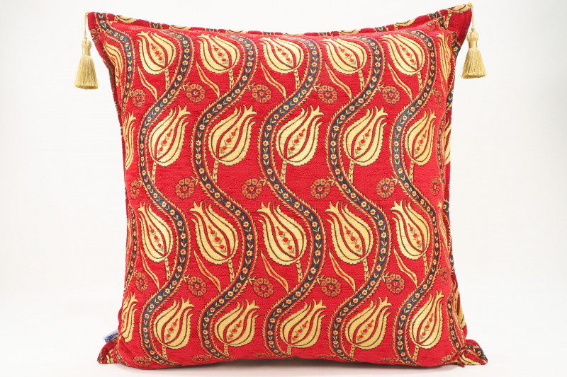 Turkish Fabric Pillow 24x24, Red Tulip Pattern Decorative Ottoman Pillow