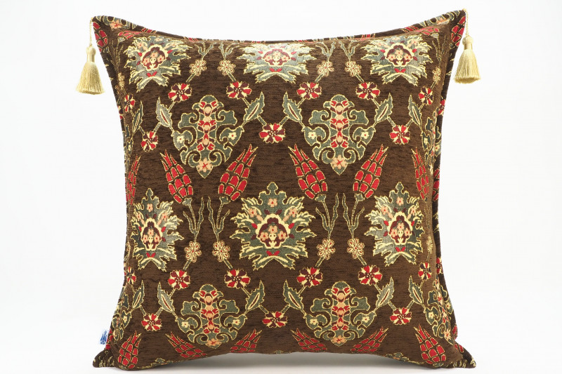 Turkish Fabric Pillow 24x24, Brown Tulip Pattern Decorative Ottoman Pillow
