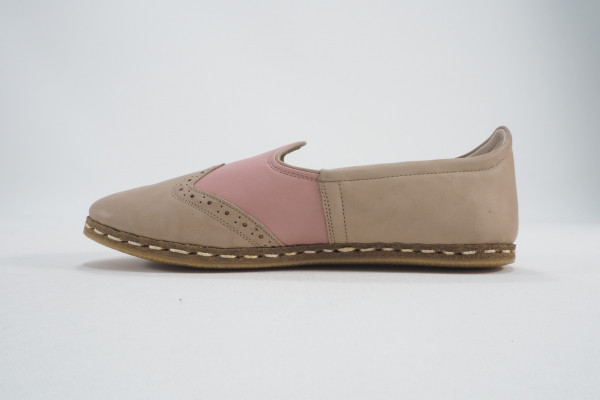 Turkish Yemeni Pink/Beige Handmade and Hand Stitched Leather Shoes