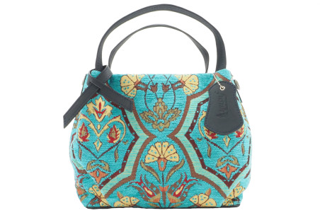 Fabric Woman Hand Bag, Turquoise Blue Carnation Pattern Turkish Fabric Bag ,ID KCYC20, Fabric Woman Bag, Genuine Sheep Skin Bag