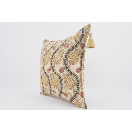 Fabric Pillow, Fabric Pillow 18x18, Beige Water Line Tulip Pattern Turkish Fabric Pillow, Decorative Accent and Throw Pillow