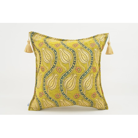 Turkish Fabric Pillow 18x18, Green Tulip Pattern Decorative Ottoman Fabric Pillow