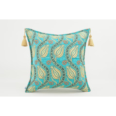 Turkish Fabric Pillow 18x18, Turquoise Blue Tulip Pattern Decorative Ottoman Fabric Pillow