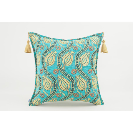 Turkish Fabric Pillow 18x18, Turquoise Blue Tulip Pattern Decorative Ottoman Fabric Pillow