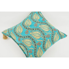 Turkish Fabric Pillow 18x18, Turquoise Blue Tulip Pattern Decorative Ottoman Fabric Pillow