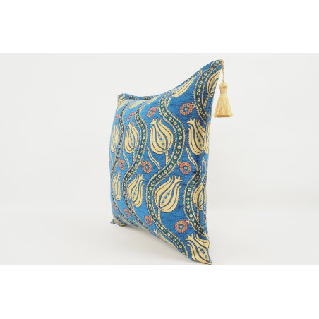 Fabric Pillow, Fabric Pillow 18x18, Navy Blue Water Line Tulip Pattern Turkish Fabric Pillow, Decorative Accent and Throw Pillow