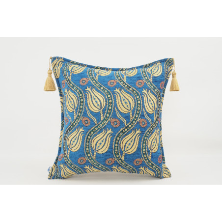 Turkish Fabric Pillow 18x18, Navy Blue Tulip Pattern Decorative Ottoman Fabric Pillow