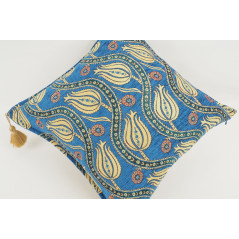 Turkish Fabric Pillow 18x18, Navy Blue Tulip Pattern Decorative Ottoman Fabric Pillow