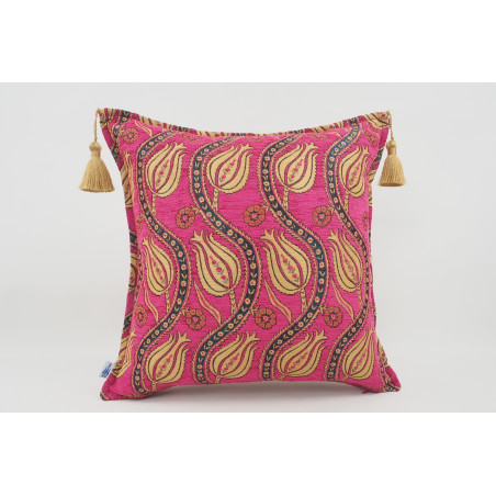 Turkish Fabric Pillow 18x18, Pink Tulip Pattern Decorative Ottoman Fabric Pillow