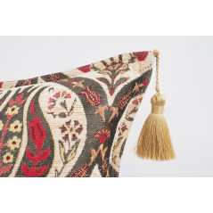 Turkish Fabric Pillow 18x18, Beige Tulip Pattern Decorative Ottoman Fabric Pillow