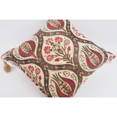 Turkish Fabric Pillow 18x18, Beige Tulip Pattern Decorative Ottoman Fabric Pillow