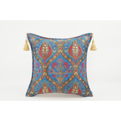 Turkish Fabric Pillow 18x18, Navy Blue Tulip Pattern Decorative Ottoman Fabric Pillow