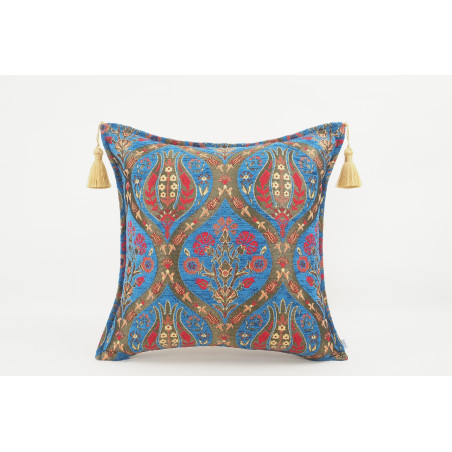 Turkish Fabric Pillow 18x18, Navy Blue Tulip Pattern Decorative Ottoman Fabric Pillow