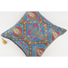 Turkish Fabric Pillow 18x18, Navy Blue Tulip Pattern Decorative Ottoman Fabric Pillow