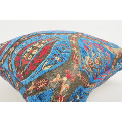 Turkish Fabric Pillow 18x18, Navy Blue Tulip Pattern Decorative Ottoman Fabric Pillow