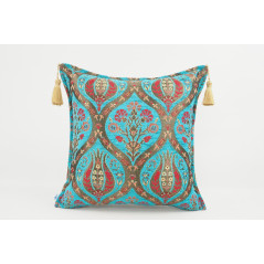 Turkish Fabric Pillow 18x18, Turquoise Blue Tulip Decorative Ottoman Fabric Pillow