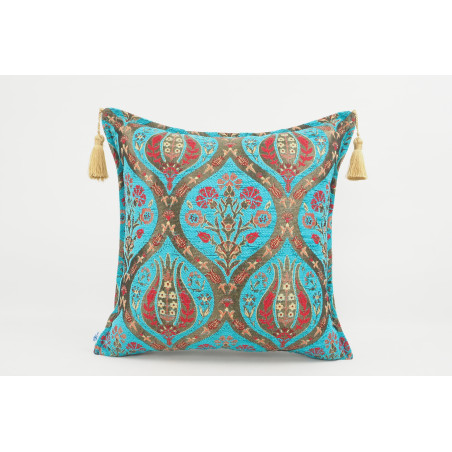Turkish Fabric Pillow 18x18, Turquoise Blue Tulip Decorative Ottoman Fabric Pillow