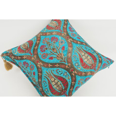 Turkish Fabric Pillow 18x18, Turquoise Blue Tulip Decorative Ottoman Fabric Pillow