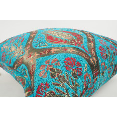 Turkish Fabric Pillow 18x18, Turquoise Blue Tulip Decorative Ottoman Fabric Pillow