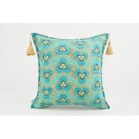 Turkish Fabric Pillow 18x18, Turquoise Blue Tiger Eye Decorative Ottoman Fabric Pillow