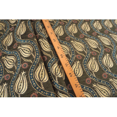 Upholstery Fabric, Turkish Fabric By the Meter, By the Yard, Moss Green Tulip Pattern Jacquard Chenille