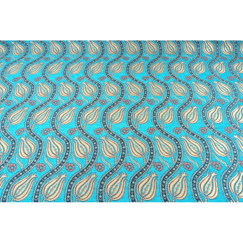 Turkish Upholstery Fabric by the Yard and Meter | Turquoise Blue Running Water Tulip Pattern Jacquard Fabric for Sofa Chair