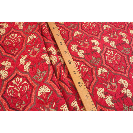 Upholstery Fabric, Turkish Fabric By the Meter, By the Yard, Red Carnation Pattern Jacquard Chenille Upholstery Fabric