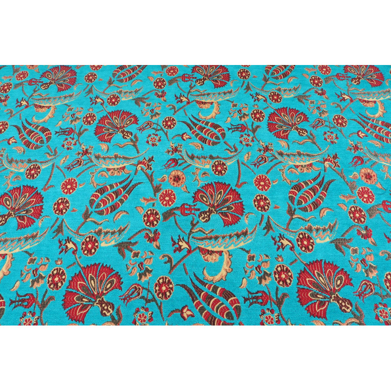 Turkish Upholstery Fabric by the Yard and Meter | Turquoise Blue Caucasus Carnation Pattern Jacquard Fabric for Sofa Chair