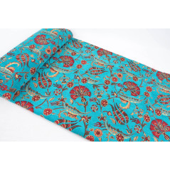 Turkish Upholstery Fabric by the Yard and Meter | Turquoise Blue Caucasus Carnation Pattern Jacquard Fabric for Sofa Chair
