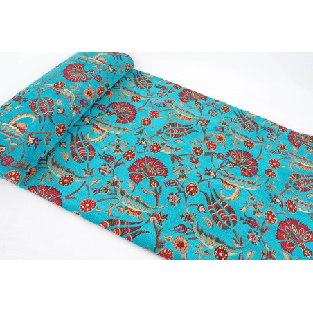 Turkish Upholstery Fabric by the Yard and Meter | Turquoise Blue Caucasus Carnation Pattern Jacquard Fabric for Sofa Chair