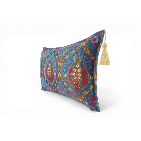 Turkish Fabric Pillow Cover 12x20, Royal Blue Boho Throw Pillow, Morocco Tulip Pattern Decorative Sofa Accent Ethnic Cushion