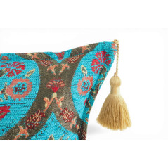 Turkish Fabric Pillow Cover 12x20, Turquoise Blue Boho Throw Pillow, Morocco Tulip Pattern Decorative Sofa Accent Ethnic Cushion
