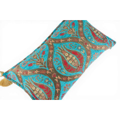 Turkish Fabric Pillow Cover 12x20, Turquoise Blue Boho Throw Pillow, Morocco Tulip Pattern Decorative Sofa Accent Ethnic Cushion
