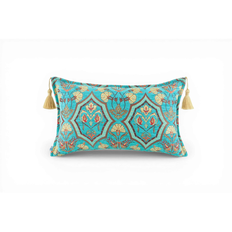 Turkish Fabric Pillow Cover 12x20, Turquoise Blue Boho Throw Pillow, Carnation Pattern Decorative Sofa Accent Ethnic Cushion
