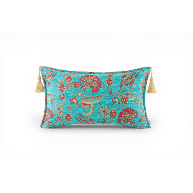 Turkish Fabric Pillow Cover 12x20, Turquoise Blue Boho Throw Pillow, Caucasus Carnation Pattern Decorative Sofa Accent Ethnic