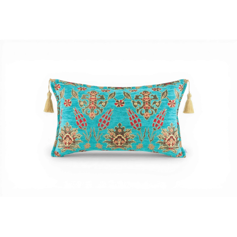 Turkish Fabric Pillow Cover 12x20, Turquoise Blue Boho Throw Pillow,Topkapi Palace Pattern Decorative Sofa Accent Ethnic Cushion