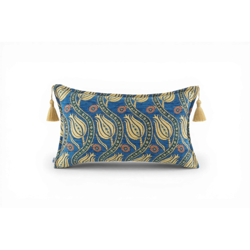 Turkish Fabric Pillow Cover 12x20, Royal Blue Boho Throw Pillow, Running Water Tulip Pattern Decorative Sofa Accent Ethnic Case