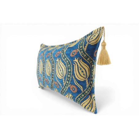 Turkish Fabric Pillow Cover 12x20, Royal Blue Boho Throw Pillow, Running Water Tulip Pattern Decorative Sofa Accent Ethnic Case