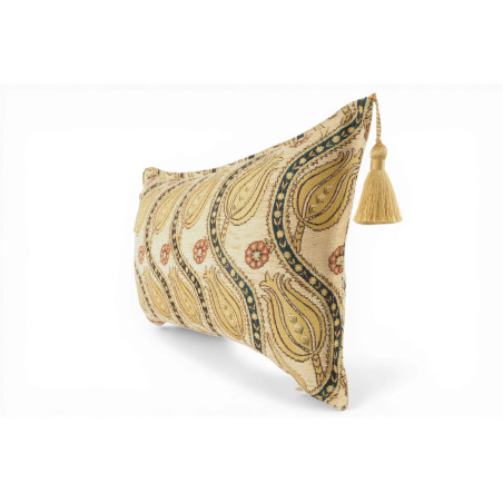 Turkish Fabric Pillow Cover 12x20, Beige Boho Throw Pillow, Running Water Tulip Pattern Decorative Sofa Accent Ethnic Cushion